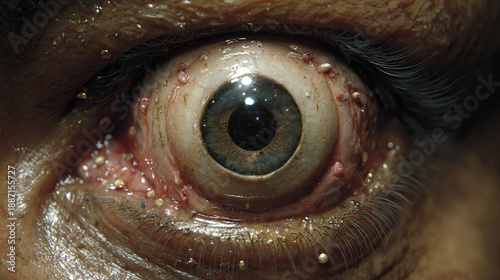 Mutant diseased zombie, eye bloodshot w/ broken vessels; iris pale brown & slightly cloudy. Skin tissue is irritated, pink & inflamed, with traces of dried blood & clear secretion 