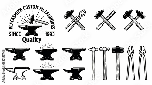 Blacksmith Tool & Branding Vector Set – 15 Black Silhouettes Featuring Anvils, Hammers, Tongs, and Logo for Metalworking Design and Heritage Use
