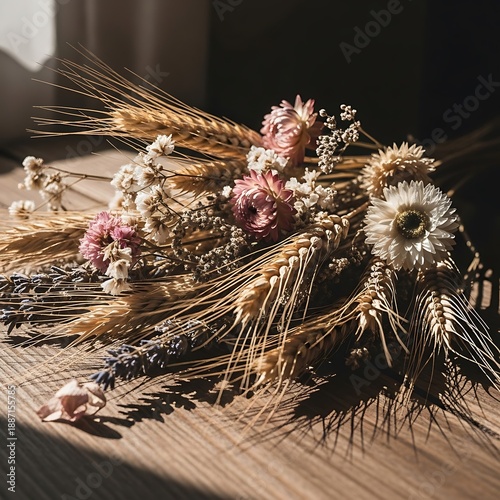 Dried floral arrangement featuring golden wheat stalks rests on a sunlit wooden surface