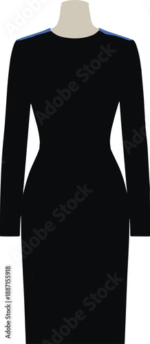 Black long-sleeved fitted dress on mannequin with subtle contour lines, fashion illustration for garment design and construction themes.