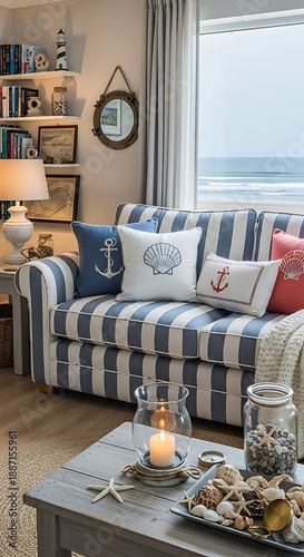 Coastal living room interior features nautical decor and ocean view through large window