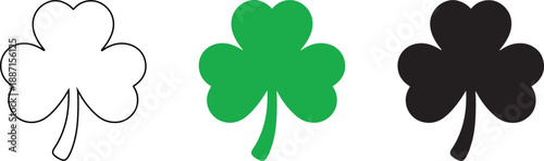 A trio of shamrock designs featuring outline, vibrant green, and sleek black options for versatile use