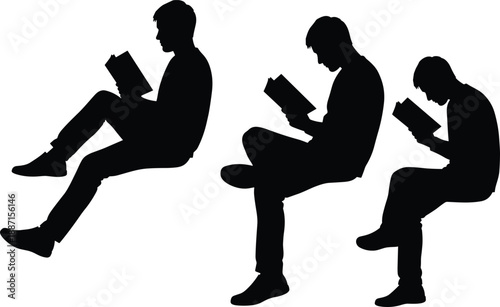 PrintBlack silhouettes of men sitting and reading books in different poses on white background, group of students studying and male readers enjoying literature set.