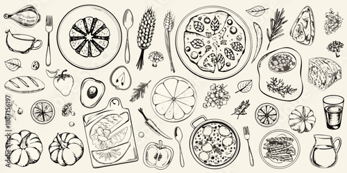 A charming sketch of various foods including pizza fruit and vegetables