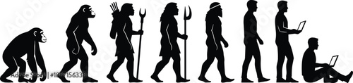 Black silhouettes of human evolution from prehistoric apes to modern men using laptops on white background, concept of progress technology development and digital transformation.