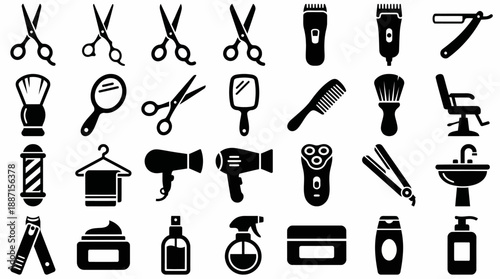 Barber & Salon Tool Icon Set – 40 Black Silhouettes Featuring Scissors, Clippers, Chairs, Razors, and Bottles for Hairdressing Design and Branding Use