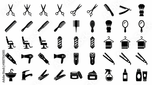 Barber & Salon Tool Icon Set – 40 Black Silhouettes Featuring Scissors, Clippers, Chairs, Razors, and Bottles for Hairdressing Design and Branding Use
