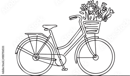 A bicycle with a basket full of flowers viewed from the side