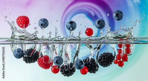 Assorted fresh berries splash dynamically into clear water with a vibrant background