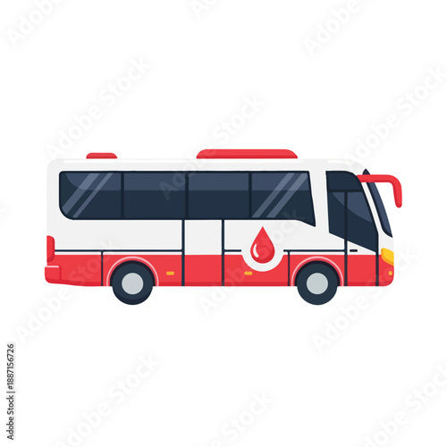 Blood donation bus with red and white design on a plain background