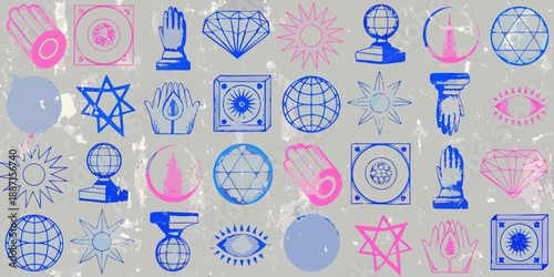 Collection of mystical symbols and shapes in blue and pink tones
