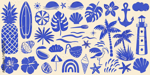 A vibrant blue collection of summer icons tropical fruits plants and ocean elements