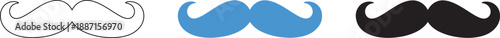 Classic handlebar mustache icons in outline, blue, and black solid fill variations