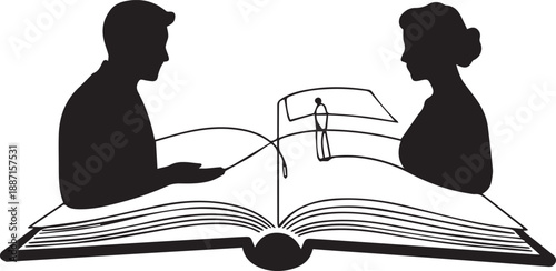 Man and woman reading together from a large open book with a magnifying glass