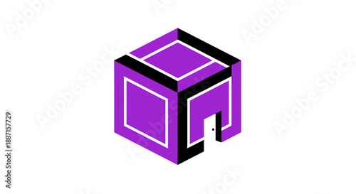 Geometric Architectural Illustration Featuring Isometric Cube With Doorway Visualization