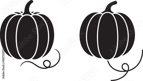 Two black silhouette pumpkins with curly stems and vines