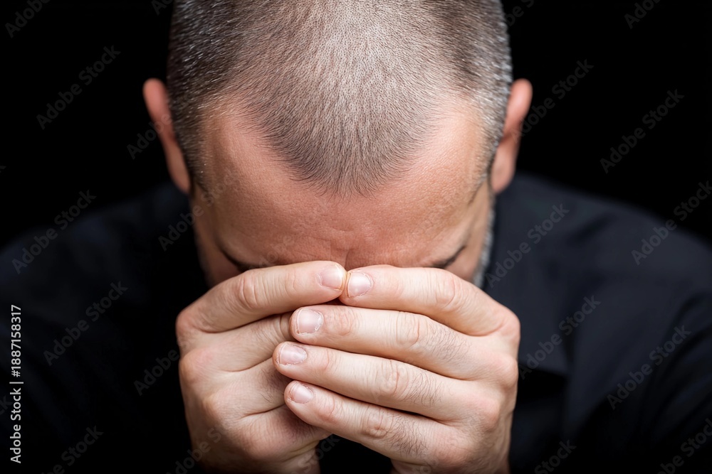 Fototapeta premium Man shows emotion while covering face with hands