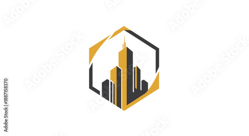 Geometric Cityscape Logo Design Featuring a Golden and Dark Hexagonal Frame
