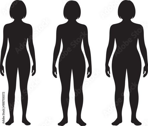 Three female body shape silhouettes showing different body types, slim, average, and curvy