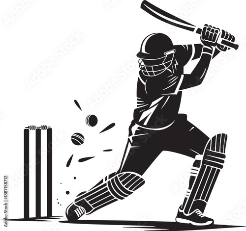 A cricket batsman powerfully strikes the ball shattering the wickets