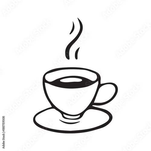 Hand drawn hot coffee or tea cup with steam on a saucer, cozy black line art illustration, doodle style, isolated on white background, perfect for cafe branding, menu, packaging and cozy design