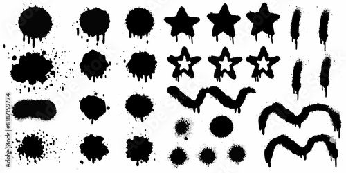 Collection of black spray paint splatters stars and wavy line shapes