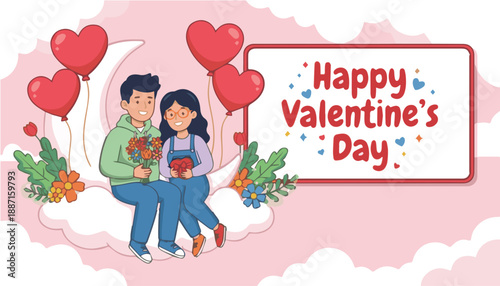 Happy Valentine’s Day Cute Young Couple Sitting on Moon with Gifts and Balloons, Ideal for Love Cards and Social Media Design