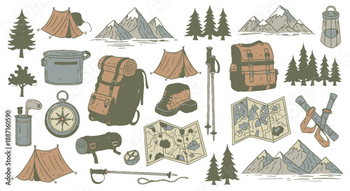 Camping and Hiking Essentials Collection with Mountains and Trees.