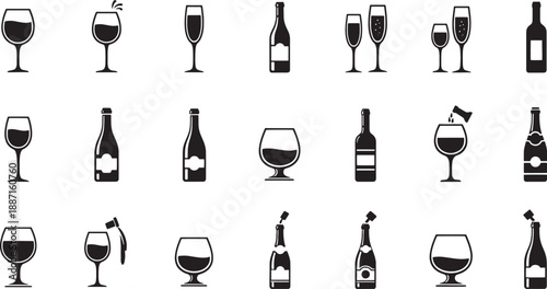 Set of black vector icons featuring wine bottles, glasses, and bar beverage silhouettes for restaurant and party design illustrations