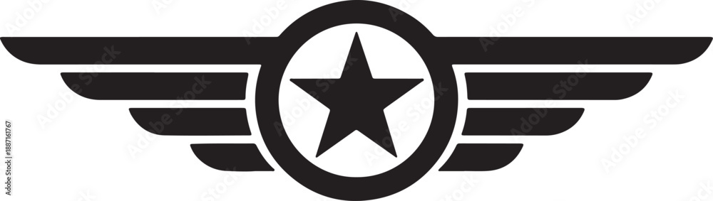 Fototapeta premium Black and white aviation badge with star and wings symbol also transparent background