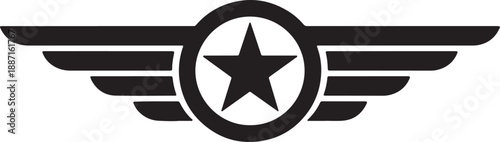 Black and white aviation badge with star and wings symbol also transparent background