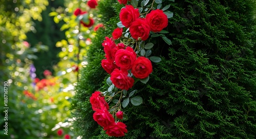 Vibrant red roses cascade down a richly textured evergreen shrub in a bright garden setting.