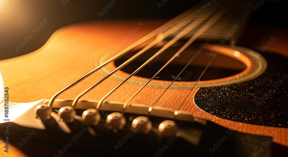 Fototapeta premium Close-up of an acoustic guitar's bridge and strings, illuminated by warm, soft light, highlighting the instrument's detail and texture, perfect for music lovers and artists