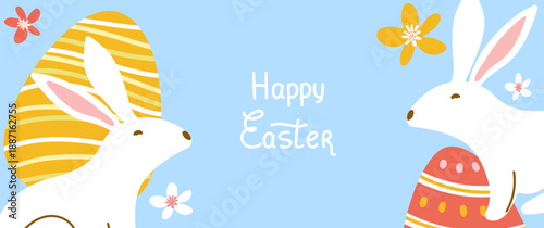 Happy Easter banner with cute white rabbits and Easter eggs. Bright spring flowers on blue background. Perfect for holiday sales, greetings and website headers. Vector illustration