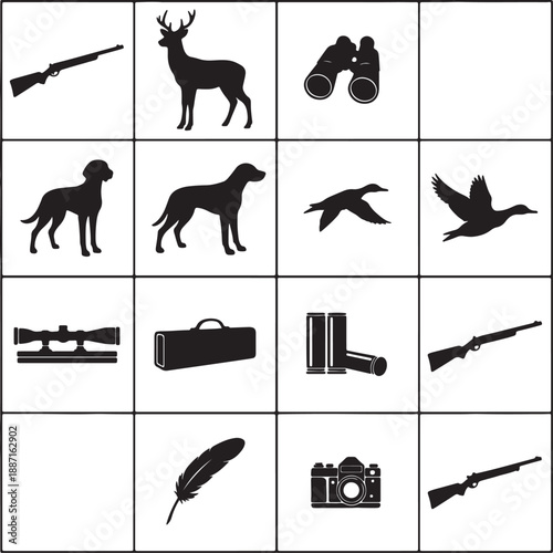 Black and white of hunting equipment and wildlife on a grid background also transparent background rifle
