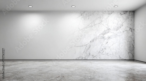 Modern interior with white walls, marble accent, and concrete floor.
