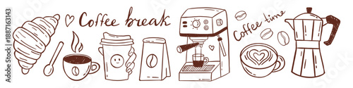 Vector coffee break doodle hand drawn set with croissant, steaming cup, takeaway coffee, coffee bean bag, espresso machine, and moka pot. Cafe banner and social media design.