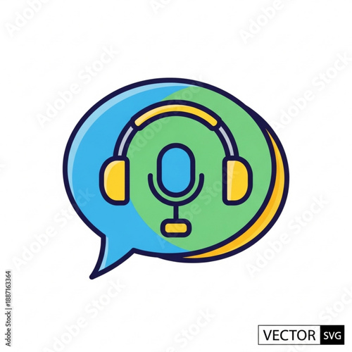 Vector illustration of a colorful speech bubble with microphone and headphones icon for podcast or voice assistant