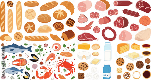 Food products collection vector illustration with bread, meat, fish, seafood, dairy, cheese, milk, and bakery items
