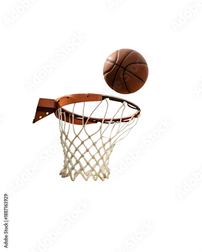 Basketball in Flight Above Rim and Net on White Background.