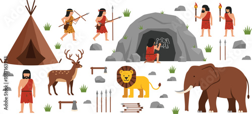 Prehistoric caveman life vector illustration with stone age hunters, cave dwelling, ancient tools, wild animals, and tribal lifestyle