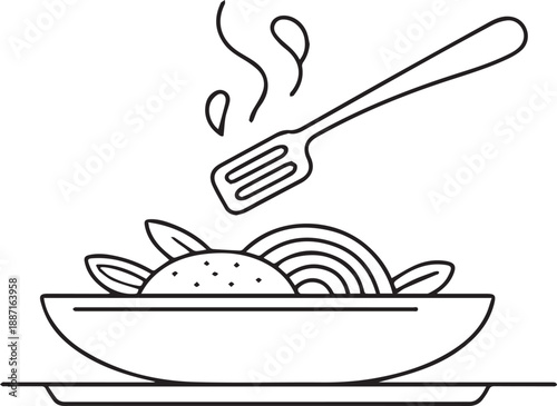 A sizzling dish with a spatula lifting food in a pan on a stove from a close-up view
