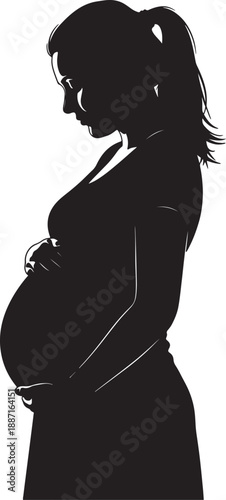 Black silhouette of a pregnant woman with long hair and hands resting on her belly also transparent background