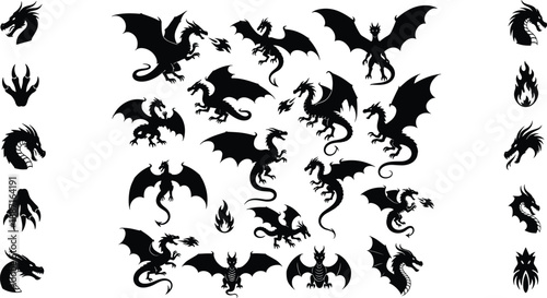   
Dragon silhouette illustration, black vector design, flying dragon, fire breath, claw icon, fantasy creature, mythical beast, flame symbol, epic theme