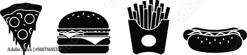 Fast food silhouettes, pizza burger fries hotdog, snack icons, black vector, junk food, meal design, restaurant graphic, tasty illustration