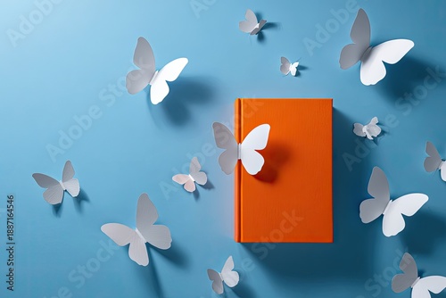 A bright orange book adorned with delicate white paper butterflies on a blue background