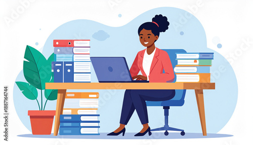 Woman working on laptop at a desk with office supplies nearby