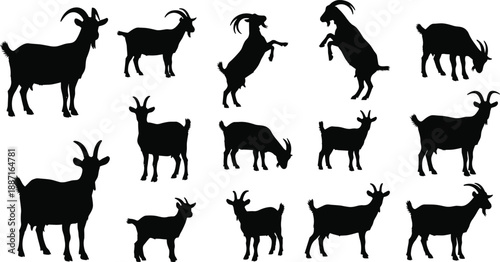 Goat silhouettes, animal poses, grazing goat, horned livestock, farm animal, rural icon, domestic goat, wildlife shape, breed variety, nature illustration