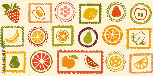 Colorful fruit stamps and illustrations in a playful decorative arrangement