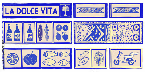 A collection of vintage style italian postage stamps with various illustrative designs